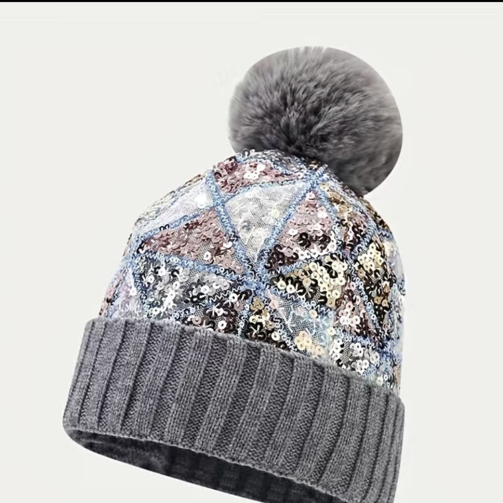 Multi-Color Sequin Beanie in Grey with Pom